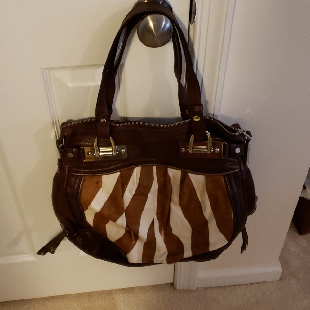 B Makowsky brown leather with bown/beige zebra